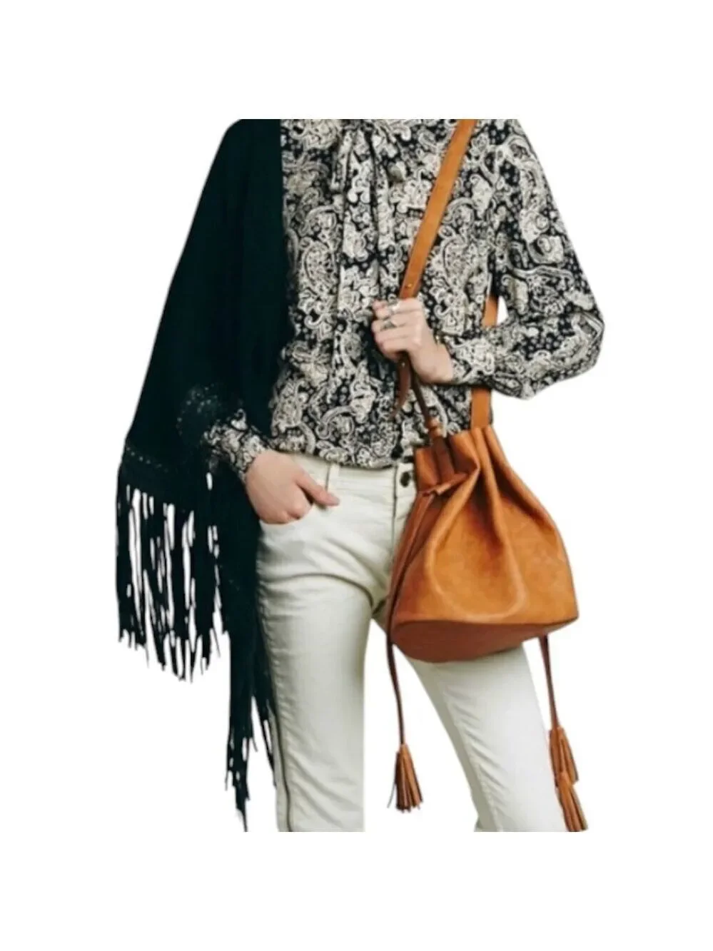 Vegan Leather Drawstring Bucket Bag with Tassels